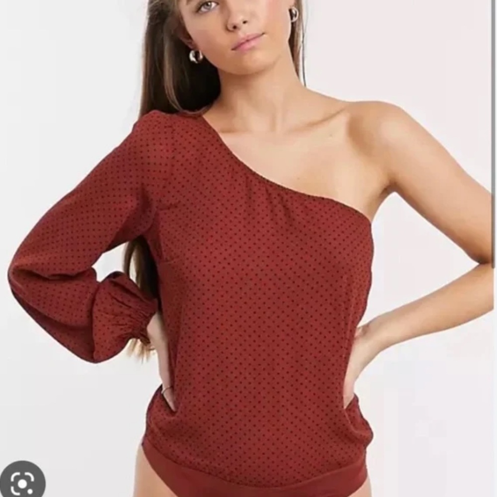 Abercrombie & Fitch Long Sleeve One Shoulder Black Polka Dot Bodysuit